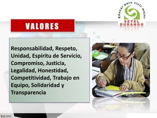Responsabilidad, Respeto,
Unidad, Espíritu de Servicio,
Compromiso, Justicia,
Legalidad, Honestidad,
Competitividad, Trabajo en
Equipo, Solidaridad y
Transparencia
 