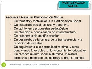 PARTICIPACIÓN
SOCIAL
Plan Anual de Trabajo 2015-2016. Subdirección Académica43
ALGUNAS LÍNEAS DE PARTICIPACIÓN SOCIAL
• De fomento y motivación a la Participación Social.
• De desarrollo social, cultural y deportivo.
• De opiniones y propuestas pedagógicas.
• De atención a necesidades de infraestructura.
• De autonomía de gestión escolar.
• De desarrollo de la cultura de la transparencia y la
rendición de cuentas.
• De seguimiento a la normalidad mínima y otras
condiciones favorables al funcionamiento educativo.
• De reconocimiento social a alumnos, maestros,
directivos, empleados escolares y padres de familia.
 