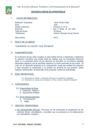 “Año de la Diversificación Productiva y del Fortalecimiento de la Educación”
Prof. ANTONIO ARNAO OSORIO 11
SEGUNDA UNIDAD DE APRENDIZAJE
I. DATOS INFORMATIVOS
Institución Educativa : “José Toribio Polo”
Área : Arte
Grado y Sección : Primero: C, D, E,
Duración : Del 11- Mayo al 24- Julio
Total de Horas : 20 Horas
Profesores : Antonio Remigio Arnao Osorio
Año Lectivo : 2015
II. TITULO DE LA UNIDAD
“UTILIZAMOS EL COLOR Y SUS TÉCNICAS”
III. FUNDAMENTACIÓN
En el terreno de las artes visuales el color define formas y volúmenes y determina
la relación cromática que existe entre los objetos que se encuentran próximos
entre sí. La actividad diaria de los alumnos es encontrar en su entorno aquellos
elementos plásticos que le permitan expresar su visión personal de las cosas. El
color es un elemento esencial en la composición visual que realizan los alumnos
y esto incentiva la creatividad y el sentido de armonía en sus pinturas. Estas
razones fundamentan el desarrollo de la presente unidad de aprendizaje.
IV. TEMA TRANSVERSAL
4.1 “Educación en valores y formación ética para la convivencia saludable”
4.2 “Educación en y para una convivencia en Paz, Justicia y Gestión Ambiental”
V. CAPACIDADES
5.2. Capacidades de Área
a. Expresión Artística
b. Apreciación Artística
5.3. Áreas interdisciplinarias:
a. Comunicación.
b. Ingles.
V. OBJETIVO TRANSVERSAL
a. DE EDUCACIÓN SEXUAL: Promover en los educandos la aceptación de los
cambios físicos, psicológicos y sociales que se producen en la adolescencia
con naturalidad y respeto.
 