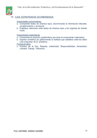 “Año de la Diversificación Productiva y del Fortalecimiento de la Educación”
Prof. ANTONIO ARNAO OSORIO 20
VII. EJES ESTRATÉGICOS DE EMERGENCIA
Capacidades comunicativas:
a. Comprende textos de diversos tipos, discriminando la información relevante,
complementaria y accesoria.
b. Establece relaciones entre textos de diversos tipos y los organiza de distinto
modo.
Capacidades matemáticas
a. Comprende la situación problemática que tiene el componente matemático.
b. Expresa simbólica y/o gráficamente la realidad que establece entre los datos
y las preguntas de un problema.
Formación ética
a. Practica de la Paz, Respeto, solidaridad, Responsabilidad, Honestidad,
Libertad, Trabajo, Tolerancia.
 