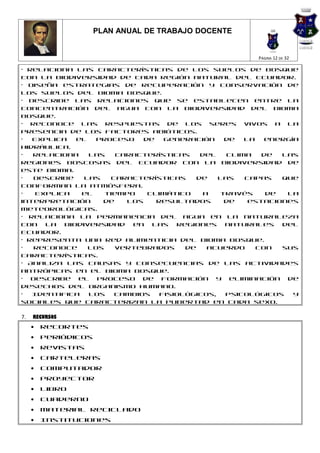 PLAN ANUAL DE TRABAJO DOCENTE


                                                       PÁGINA 12 DE 32

• Relaciona las características de los suelos de bosque
con la biodiversidad de cada región natural del Ecuador.
• Diseña estrategias de recuperación y conservación de
los suelos del Bioma Bosque.
• Describe las relaciones que se establecen entre la
concentración del agua con la biodiversidad del Bioma
Bosque.
• Reconoce las respuestas de los seres vivos a la
presencia de los factores abióticos.
•  Explica   el   proceso    de   generación    de   la   energía
hidráulica.
•  Relaciona    las    características     del   clima   de  las
regiones boscosas del Ecuador con la biodiversidad de
este bioma.
•  Describe    las   características      de   las   capas   que
conforman la atmósfera.
•   Explica   el    tiempo    climático     a  través     de  la
interpretación     de    los    resultados      de    estaciones
meteorológicas.
• Relaciona la permanencia del agua en la naturaleza
con   la  biodiversidad   en las regiones naturales del
Ecuador.
• Representa una red alimenticia del Bioma Bosque.
•  Reconoce     los   vertebrados      de    acuerdo    con  sus
características.
• Analiza las causas y consecuencias de las actividades
antrópicas en el Bioma Bosque.
• Describe el proceso de formación y eliminación de
desechos del organismo humano.
•  Identifica   los   cambios    fisiológicos,  psicológicos    y
sociales que caracterizan la pubertad en cada sexo.

7.   RECURSOS
     •   Recortes
     •   Periódicos
     •   Revistas
     •   Carteleras
     •   Computador
     •   Proyector
     •   Libro
     •   Cuaderno
     •   Material reciclado
     •   Instituciones
 