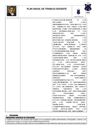 PLAN ANUAL DE TRABAJO DOCENTE


                                                                                                    PÁGINA 30 DE 32

                                                                    constitucional        y    la
                                                                    acción        de          los
                                                                    movimientos sociales en
                                                                    el marco de una lucha
                                                                    mayor por desarrollar
                                                                    la   democracia        y   la
                                                                    vigencia        de        los
                                                                    derechos           humanos,
                                                                    dentro          de         la
                                                                    interculturalidad,         la
                                                                    justicia    social     y   la
                                                                    unidad    nacional.      Todo
                                                                    esto    se   ubica    en   un
                                                                    escenario      mundial      y
                                                                    latinoamericano            de
                                                                    cambios     en    que     una
                                                                    motivación básica es la
                                                                    superación        de       la
                                                                    pobreza, la integración
                                                                    y    la    defensa        del
                                                                    planeta.     En   especial,
                                                                    este bloque debe ser
                                                                    enfrentado       con      una
                                                                    gran         dosis         de
                                                                    desarrollo        de      una
                                                                    dimensión      actitudinal
                                                                    hacia               valores
                                                                    fundamentales              de
                                                                    solidaridad y búsqueda
                                                                    de la paz. Los alumnos
                                                                    y las alumnas de doce
                                                                    años     tienen     ya     la
                                                                    posibilidad de distinguir
                                                                    el       pasado           del
                                                                    presente      que      están
                                                                    viviendo.   Sin    embargo,
                                                                    esta habilidad requiere
                                                                    de    la   práctica       del
                                                                    análisis              social
                                                                    comparativo,     que     debe
                                                                    ser    aplicado      en    la
                                                                    enseñanza de Historia.

6.   EVALUACIÓN
INDICADORES ESENCIALES DE EVALUACIÓN
• Explica el proceso de creación del Ecuador en sus aspectos político-administrativo, demográfico, cultural y de
organización social, en el marco de la realidad latinoamericana.
• Enuncia los conflictos sociales internos y los problemas en las relaciones externas que enfrentó el naciente Estado
 