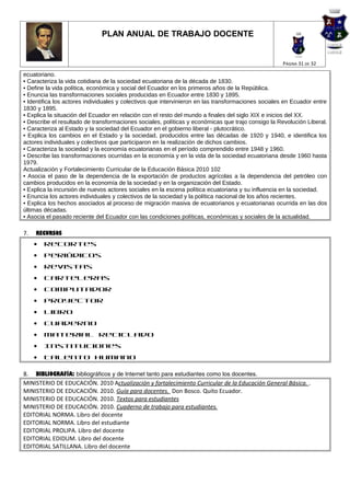 PLAN ANUAL DE TRABAJO DOCENTE


                                                                                                    PÁGINA 31 DE 32

ecuatoriano.
• Caracteriza la vida cotidiana de la sociedad ecuatoriana de la década de 1830.
• Define la vida política, económica y social del Ecuador en los primeros años de la República.
• Enuncia las transformaciones sociales producidas en Ecuador entre 1830 y 1895.
• Identifica los actores individuales y colectivos que intervinieron en las transformaciones sociales en Ecuador entre
1830 y 1895.
• Explica la situación del Ecuador en relación con el resto del mundo a finales del siglo XIX e inicios del XX.
• Describe el resultado de transformaciones sociales, políticas y económicas que trajo consigo la Revolución Liberal.
• Caracteriza al Estado y la sociedad del Ecuador en el gobierno liberal - plutocrático.
• Explica los cambios en el Estado y la sociedad, producidos entre las décadas de 1920 y 1940, e identifica los
actores individuales y colectivos que participaron en la realización de dichos cambios.
• Caracteriza la sociedad y la economía ecuatorianas en el período comprendido entre 1948 y 1960.
• Describe las transformaciones ocurridas en la economía y en la vida de la sociedad ecuatoriana desde 1960 hasta
1979.
Actualización y Fortalecimiento Curricular de la Educación Básica 2010 102
• Asocia el paso de la dependencia de la exportación de productos agrícolas a la dependencia del petróleo con
cambios producidos en la economía de la sociedad y en la organización del Estado.
• Explica la incursión de nuevos actores sociales en la escena política ecuatoriana y su influencia en la sociedad.
• Enuncia los actores individuales y colectivos de la sociedad y la política nacional de los años recientes.
• Explica los hechos asociados al proceso de migración masiva de ecuatorianos y ecuatorianas ocurrida en las dos
últimas décadas.
• Asocia el pasado reciente del Ecuador con las condiciones políticas, económicas y sociales de la actualidad.

7.   RECURSOS
     •   Recortes
     •   Periódicos
     •   Revistas
     •   Carteleras
     •   Computador
     •   Proyector
     •   Libro
     •   Cuaderno
     •   Material reciclado
     •   Instituciones
     •   Talento humano

8. BIBLIOGRAFÍA: bibliográficos y de Internet tanto para estudiantes como los docentes.
MINISTERIO DE EDUCACIÓN. 2010 Actualización y fortalecimiento Curricular de la Educación General Básica. .
MINISTERIO DE EDUCACIÓN. 2010. Guía para docentes. Don Bosco. Quito Ecuador.
MINISTERIO DE EDUCACIÓN. 2010. Textos para estudiantes
MINISTERIO DE EDUCACIÓN. 2010. Cuaderno de trabajo para estudiantes.
EDITORIAL NORMA. Libro del docente
EDITORIAL NORMA. Libro del estudiante
EDITORIAL PROLIPA. Libro del docente
EDITORIAL EDIDUM. Libro del docente
EDITORIAL SATILLANA. Libro del docente
 