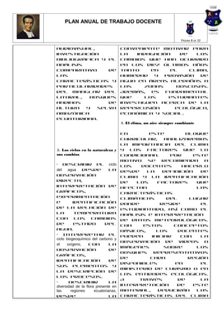 PLAN ANUAL DE TRABAJO DOCENTE


                                                                     PÁGINA 8 DE 32

audiovisual,                          conveniente motivar para
investigación                         la   indagación   de    los
bibliográfica y el                    cambios que han ocurrido
análisis                              en los diez últimos años
comparativo     de                    tanto     en   el     clima,
las                                   humedad    y  provisión  de
características y                     agua en áreas aledañas a
particularidades                      las     zonas    boscosas.
del manglar del                       Además,   es  fundamental
litoral,  bosques                     que     los    estudiantes
andinos         de                    investiguen acerca de la
altura   y   selva                    repercusión      ecológica,
amazónica                             económica y social.
ecuatoriana.
                                      4. El clima, un aire siempre cambiante

                                      En        este          bloque
                                      curricular,     analizaremos
                                      la importancia del clima
5. Los ciclos en la naturaleza y      y  los   factores      que   lo
sus cambios                           condicionan.      Por     este
                                      motivo   se    recomienda     a
• Describir el ciclo                  los    docentes       hacerlo
del    agua     desde          la     desde    la    definición    de
observación                           clima y la identificación
directa,                              de   los     factores      que
interpretación de                     afectan                    las
gráficos,                             características
experimentación                       climáticas       del     lugar
e         identificación              donde         reside         el
de la relación de                     estudiantado, así como el
la         temperatura                análisis e interpretación
con        los       cambios          de datos meteorológicos.
de         estado           del       Con     estos      conceptos
agua.                                 básicos,     los     docentes
• Interpretar el                      pueden     iniciar    con    la
ciclo biogeoquímico del carbono y
                                      observación de videos o
el    oxígeno,     con         la
                                      imágenes        sobre      los
observación                    de
                                      bosques     representativos
gráficos,
                                      de        cada           región
identificación                 de
                                      disponibles        en        el
sus elementos y
                                      Ministerio de Turismo o en
la descripción de
                                      las entidades ecológicas.
los procesos.
                                      A     través         de      la
•       Describir              la
diversidad de la flora presente en    interpretación      de    este
las      regiones     ecuatorianas,   material,    deducirán     las
desde                          la     características del clima
 