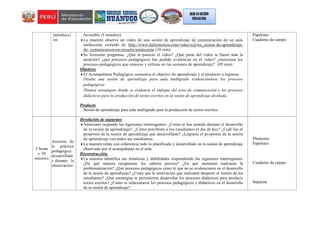 introducci
ón
favorable (5 minutos).
 La maestra observa un vídeo de una sesión de aprendizaje de comunicación de un aula
unidocente extraído de http://www.dailymotion.com/video/xijyws_sesion-de-aprendizaje-
de- comunicacion-en-escuela-unidocente (10 min).
 Se formulan preguntas: ¿Qué le pareció el vídeo? ¿Qué parte del vídeo te llamó más la
atención? ¿qué procesos pedagógicos has podido evidenciar en el vídeo? ¿menciona los
procesos pedagógicos que conoces y utilizas en tus sesiones de aprendizaje? (05 min)
Objetivos
 El Acompañante Pedagógico comunica el objetivo de aprendizaje y el producto a lograrse.
Diseña una sesión de aprendizaje para aula multigrado evidenciándose los procesos
pedagógicos
Plantea estrategias donde se evidencie el enfoque del área de comunicación y los procesos
didácticos para la producción de textos escritos en la sesión de aprendizaje diseñada.
Producto
Sesión de aprendizaje para aula multigrado para la producción de textos escritos.
Papelotes
Cuaderno de campo
2 horas
y 30
minutos
Asesoría de
la práctica
pedagógica
desarrollada
s durante la
observación
Develación de supuestos
 Asimismo responde las siguientes interrogantes: ¿Cómo te has sentido durante el desarrollo
de la sesión de aprendizaje?, ¿Cómo percibiste a los estudiantes el día de hoy? ¿Cuál fue el
propósito de la sesión de aprendizaje que desarrollaste? ¿Lograste el propósito de la sesión
de aprendizaje con todos tus estudiantes.
 La maestra relata con coherencia todo lo planificado y desarrollado en la sesión de aprendizaje
observado por el acompañante en el aula.
Deconstrucción.
 La maestra identifica sus fortalezas y debilidades respondiendo las siguientes interrogantes:
¿De qué manera recuperaste los saberes previos? ¿En qué momento realizaste la
problematización? ¿Qué procesos pedagógicos crees tú que no se evidenciaron en el desarrollo
de la sesión de aprendizaje? ¿Crees que la motivación que realizaste despertó el interés de los
estudiantes? ¿Qué estrategias te permitieron desarrollar los procesos didácticos para producir
textos escritos? ¿Cómo se relacionaron los procesos pedagógicos y didácticos en el desarrollo
de tu sesión de aprendizaje?
Plumones
Papelotes
Cuaderno de campo
Separata
 