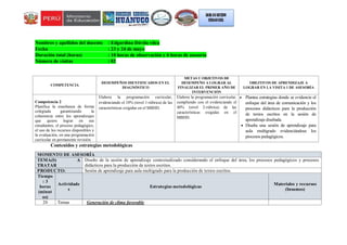 Nombres y apellidos del docente : Edgardina Dávila vilca
Fecha : 23 y 24 de mayo
Duración total (horas) : 10 horas de observación y 6 horas de asesoría
Número de visitas : 02
Contenidos y estrategias metodológicas
MOMENTO DE ASESORÍA
TEMA(S) A
TRATAR
Diseño de la sesión de aprendizaje contextualizado considerando el enfoque del área, los procesos pedagógicos y procesos
didácticos para la producción de textos escritos.
PRODUCTO: Sesión de aprendizaje para aula multigrado para la producción de textos escritos.
Tiempo
: 3
horas
(minut
os)
Actividade
s
Estrategias metodológicas
Materiales y recursos
(Insumos)
20 Temas Generación de clima favorable
COMPETENCIA
DESEMPEÑOS IDENTIFICADOS EN EL
DIAGNÓSTICO
METAS U OBJETIVOS DE
DESEMPEÑO A LOGRAR AL
FINALIZAR EL PRIMER AÑO DE
INTERVENCIÓN
OBEJTIVOS DE APRENDIZAJE A
LOGRAR EN LA VISITA 1 DE ASESORÍA
Competencia 2
Planifica la enseñanza de forma
colegiada garantizando la
coherencia entre los aprendizajes
que quiere lograr en sus
estudiantes, el proceso pedagógico,
el uso de los recursos disponibles y
la evaluación, en una programación
curricular en permanente revisión.
Elabora la programación curricular,
evidenciando el 10% (nivel 1-rúbrica) de las
características exigidas en el MBDD.
Elabora la programación curricular,
cumpliendo con el evidenciando el
40% (nivel 2-rúbrica) de las
características exigidas en el
MBDD.
 Plantea estrategias donde se evidencie el
enfoque del área de comunicación y los
procesos didácticos para la producción
de textos escritos en la sesión de
aprendizaje diseñada.
 Diseña una sesión de aprendizaje para
aula multigrado evidenciándose los
procesos pedagógicos.
 