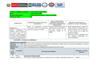 Nombres y apellidos del docente : Ledy Jacinta Jesús Esteban
Fecha : 16 de mayo de 2016
Duración total (horas) : 5 horas de observación y 3 horas de asesoría
Número de visitas : 02
Contenidos y estrategias metodológicas
MOMENTO DE ASESORÍA
TEMA(S) A
TRATAR
Diseño de la sesión de aprendizaje contextualizado considerando el enfoque del área, los procesos pedagógicos y procesos
didácticos para la producción de textos escritos.
PRODUCTO: Sesión de aprendizaje para aula multigrado para la producción de textos escritos.
Tiempo
: 3
horas
(minut
os)
Actividade
s
Estrategias metodológicas
Materiales y recursos
(Insumos)
20
minutos
Temas
generales
Generación de clima favorable
 Se inicia la asesoría felicitando a la docente por los aciertos evidenciados durante el Laptop
COMPETENCIA
DESEMPEÑOS IDENTIFICADOS EN EL
DIAGNÓSTICO
METAS U OBJETIVOS DE
DESEMPEÑO A LOGRAR AL
FINALIZAR EL PRIMER AÑO DE
INTERVENCIÓN
OBEJTIVOS DE APRENDIZAJE A
LOGRAR EN LA VISITA 1 DE ASESORÍA
Competencia 2
Planifica la enseñanza de forma
colegiada garantizando la
coherencia entre los aprendizajes
que quiere lograr en sus
estudiantes, el proceso pedagógico,
el uso de los recursos disponibles y
la evaluación, en una programación
curricular en permanente revisión.
Elabora la programación curricular,
evidenciando el 40% (nivel 2-rúbrica) de las
características exigidas en el MBDD.
Elabora la programación curricular,
cumpliendo con el evidenciando el
40% (nivel 2-rúbrica) de las
características exigidas en el
MBDD.
 Plantea estrategias donde se evidencie el
enfoque del área de comunicación y los
procesos didácticos para la producción
de textos escritos en la sesión de
aprendizaje diseñada.
 Diseña una sesión de aprendizaje para
aula multigrado evidenciándose los
procesos pedagógicos.
 