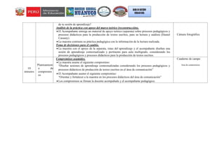 de tu sesión de aprendizaje?
Análisis de la práctica con apoyo del marco teórico (reconstrucción).
 El Acompañante entrega un material de apoyo teórico (separata) sobre procesos pedagógicos y
procesos didácticos para la producción de textos escritos, para su lectura y análisis (Daniel
Cassany).
 La maestra contrasta su práctica pedagógica con la información de la lectura realizada.
Toma de decisiones para el cambio.
 La maestra con el apoyo de la separata, rutas del aprendizaje y el acompañante diseñan una
sesión de aprendizaje contextualizado y pertinente para aula multigrado, considerando los
procesos pedagógicos y procesos didácticos para la producción de textos escritos.
Cámara fotográfica
10
minutos
Planteamient
o de
compromis
os
Compromisos asumidos.
 La maestra asume el siguiente compromiso:
“Diseñar sesiones de aprendizaje contextualizadas considerando los procesos pedagógicos y
procesos didácticos de producción de textos escritos en el área de comunicación”
 El Acompañante asume el siguiente compromiso:
“Orientar y fortalecer a la maestra en los procesos didácticos del área de comunicación”
 Los compromisos se firman la docente acompañado y el acompañante pedagógico.
Cuaderno de campo
Acta de compromisos
 
