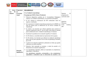 3 horas
con 20
minutos
Programaci
ón
Curricular
Anual
Situación
Significativa
DESARROLLO
I: La Unidad de Aprendizaje
En grupos por II.EE (2 hora 10 minutos)
 Observan diapositivas guiadas por el Acompañante Pedagógico
respecto a la Unidad de Aprendizaje y sus elementos principales.
 El AP. refuerza la información del PPT enfatizando todos los
aspectos visualizados.
 Se le presenta la Unidad de Aprendizaje propuesta por la DISER con
fines de soporte para la elaboración de sus nuevas Unidades de
Aprendizaje.
 Se solicita a los docentes que utilicen papelotes para construir la
situación significativa para el mes de junio como punto de partida
para la elaboración de la Unidad de Aprendizaje.(15 minutos)
 Socializan los productos de la situación significa (15 minutos)
 El AP refuerza y consolida todas las exposiciones de los grupos.
 El AP solicita a los docentes que elaboren la unidad de aprendizaje
para el mes de junio apoyados con las rutas de aprendizaje orientados
por el AP.
 A partir de la situación significativa plantearán un título que guarde
coherencia con dicha situación.
 Duración. Será expresado en semanas, y estará de acuerdo a la
dimensión de la situación significativa.
 Los Aprendizajes esperados, deben ser expresados en competencias,
capacidades e indicadores.
Los aprendizajes esperados, corresponden a las competencias,
capacidades e indicadores que se seleccionan de acuerdo a los
Separata de
programación
curricular anual
Papelotes
Plumones
Cinta masking
tape
 