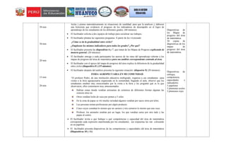 30 min
30 min
20 min
15 min
20 min
Actúa y piensa matemáticamente en situaciones de candidad; para que la analicen y elaboren
una historieta que evidencie el progreso de los indicadores de desempeño en el logro de
aprendizaje de los estudiantes de los diferentes grados. (60 minutos)
 El facilitador solicita a dos equipos de trabajo para socializar sus trabajos.
 El facilitador plantea las siguientes preguntas: A partir de los vivenciado:
¿Cómo se da la gradualidad entre ciclos?
¿Empleaste los mismos indicadores para todos los grados? ¿Por qué?
 El facilitador presenta las diapositivas 6 y 7, que tratan de los Mapas de Progreso explicando de
manera general. (20 minutos)
 El facilitador entrega a cada participante los anexos de las rutas del aprendizaje refernte a los
mapas de progreso del área de matemática para sus análisis correspondente centrado al área.
 El facilitador con el apoyo del mapa de progreso del área explica la diferencia de la gradualidad
entre ciclos.(diapositiva 8 ) (15 minutos)
 El facilitador después del análisis presenta la siguiente situación: (diaposiva 9) (20 minutos)
FERIA AGROPECUARIA EN MI COMUNIDAD
“El profesor Pedro, de una institución educativa multigrado, organiza a sus estudiantes para
visitar a la feria agropecuaria organizada en la comunidad, llegando al aula, observó que los
estudiantes estaban muy emocionados por la visita a la feria y les preguntó qué es lo que
observaron, ellos contestaron muy entusiasmados:
Habían zonas donde vendían artesanías de cerámica de diferentes formas algunas las
conocía otras no.
Otros vendían leche de vaca por pomos a 5 soles
En la zona de papas se víó mucha variedad algunos vendían por sacos otros por kilos.
Las personas tenían preferencias por algún producto.
Cinco cuyes costaban lo mismo que un carnero y tres carneros lo mismo que una vaca.
Profesor, los animales estaban por un lugar, los que vendían carne por otro lado y las
papas al centro.
 El facilitador invita a que Indique a qué competencias y capacidad del área de matemática
corresponde cada expresión manifestada por los estudiantes, sus respuestas las van colocando
en un papelote.
 El facilitador presenta diapositivas de las competencias y capacidades del área de matemática
(Diapositivas 10 y 11)
Diapositivas de
los Mapas de
progreso del área
de matemática.
30 copias de
diapositivas de los
mapas de
progreso del área
de matemática.
Diapositivas de
enfoque,
competencia,
capacidades e
indicadores.
5 papelotes
5 plumones azules
5 plumones rojos
 