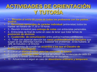 ACTIVIDADES DE ORIENTACIÓN Y TUTORÍA 1.-  Reunión al inicio de curso de todos los profesores con los padres / madres ... 2.-  Reuniones semanales de carácter individual  (entrevistas) todos los martes  en horario de 17,30 a 18 horas. 3.- Reunión trimestral para  entrega de notas  con entrevistas personales. 4.- Entrevistas de final de curso en caso de tener que tratar temas de  promoción de alumnos .   5.-  Cuadernillo  de comunicación  entre padres/madres y profesores 6.- Tratar con especial atención los  casos problemáticos de disciplina  que surgen en las diferentes tutorías y trasladar los problemas , si los hubiere, al Jefe de Estudios y al Director. 7.- Compromiso de cumplir los  acuerdos a los que el Claustro de Profesores haya llegado 8.- Llevar un  diario de citas, para las sesiones de tutoría 9.- Llevar un  diario de clase  en el que se reflejen las incidencias de cada día en cuanto a tareas, puntualidad, problemas de disciplina. 10.- Actuaciones a seguir en caso de  absentismo ordinario y temporero 
