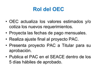 Rol del OEC
• OEC actualiza los valores estimados y/o
cotiza los nuevos requerimientos.
• Proyecta las fechas de pago mensuales.
• Realiza ajuste final al proyecto PAC.
• Presenta proyecto PAC a Titular para su
aprobación.
• Publica el PAC en el SEACE dentro de los
5 días hábiles de aprobado.
 