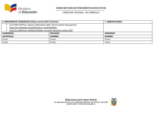 SUBSECRETARÍA DE FUNDAMENTOS EDUCATIV0S
DIRECCIÓN NACIONAL DE CURRÍCULO
Educamos para tener Patria
Av. Amazonas N34-451 y Av. Atahualpa, PBX (593-2)3961322, 3961508
Quito-Ecuador www.educacion.gob.ec
6. BIBLIOGRAFÍA/ WEBGRAFÍA (Utilizar normas APA VI edición) 7. OBSERVACIONES
 CULTURA ESTÉTICA. Cabezas Washington 2014. Tercera edición Guayaquil EC.
 https://es.wikipedia.org/wiki/Cultura_est%C3%A9tica
 http://es.slideshare.net/Mavel72/plan-curricular-decultura-esttica-2015
ELABORADO: REVISADO APROBADO
DOCENTE(S): NOMBRE: NOMBRE:
Firma: Firma: Firma:
Fecha: Fecha: Fecha:
 