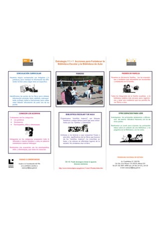 Estrategia 11 + 1 Acciones para Fortalecer la
                                                           Biblioteca Escolar y la Biblioteca de Aula



         VINCULACIÓN CURRICULAR                                                   FEBRERO                                              PADRES DE FAMILIA

Hacemos mapas conceptuales con imágenes y/o                                                                              Hacemos un diccionario familiar, con las expresio-
   palabras, para manejar la información de dife-                                                                           nes y modismos que únicamente son reconocidos
   rentes formas sobre algún tema en específico.                                                                            y empleados en la familia.




Identificamos las partes de los libros para obtener                                                                      Todos los integrantes de la familia acudimos a la
   información: portada, título, subtítulo, contrapor-                                                                      biblioteca pública más cercana para registrar-
   tada, prólogo, índice e ilustraciones, para saber                                                                        nos y tener una credencial que nos permita lle-
   cómo obtener información de cada una de sus                                                                              var libros a casa.
   partes.



            CONOCER LOS ACERVOS                                                                                                   OTRO ESPACIOS PARA LEER
                                                                     BIBLIOTECA ESCOLAR Y DE AULA
Trabajamos con las categorías:                                                                                           Investigamos las principales semejanzas y diferen-
                                                              Organizamos “mochilas viajeras”, por bloques
 • Las palabras                                                                                                              cias de nuestra Bandera Nacional, con los de
                                                                 temáticos o etapa lectora para que sean consul-
 • Diccionarios                                                                                                              otros países.
                                                                 tadas por las familias y comunidad.
 • Enciclopedias, atlas y almanaques
                                                                                                                         Realizamos un cartel para exponer las principales
                                                                                                                            ideas sobre el cuidado de una biblioteca y los
                                                                                                                            pegamos en la Biblioteca y en las aulas.

                                                              Invitamos a los lectores a que compartan frases o
                                                                  párrafos significativos de los libros que leyeron
Indagamos en las categorías propuestas todo lo                    de las “mochilas viajeras”, los trascriben en
   referente a nuestra bandera y país, en plenaria                hojas y los colocan en diferentes lugares de la
   comentamos nuestros hallazgos.                                 escuela. No olvidemos citar el libro.

Realizamos una exposición con las enciclopedias,
   atlas y almanaques, que todos los conozcan.



                                                                                                                                 PROGRAMA NACIONAL DE LECTURA
            DUDAS O COMENTARIOS
                                                                    11 +1 Puede descargarse desde la siguiente                           Av. Cuauhtémoc # 1230 P.B.
            Acuda a la Coordinación del PNL                                  dirección electrónica                             Col. Sta. Cruz Atoyac. C.P. 03310. México D.F.
               en su entidad o escriba a                                                                                  Tel: (01-55) 3601-4000 exts. 24120, 24123 y 24125
                asesorpnl@sep.gob.mx                        http://www.lectura.dgme.sep.gob.mx/11mas1/Prueba/index.htm                 e-mail: asesorpnl@sep.gob.mx
 