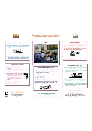 Estrategia 11 + 1 Acciones para Fortalecer la
                                                         Biblioteca Escolar y la Biblioteca de Aula



                                                                                 MAYO                                                PADRES DE FAMILIA
         VINCULACIÓN CURRICULAR
                                                                                                                      Hacemos un poster en casa relacionado con lo que
Analizamos e identificamos las relaciones causales                                                                    significa para la familia leer y escribir, al terminar-
   que ocurren en una obra de teatro o en un                                                                          lo lo colocamos en nuestra biblioteca familiar. En la
   cuento.                                                                                                            entrada de la casa podemos colocar un banderín
                                                                                                                      que anuncie “A esta familia le gustan leer”.




Redactamos e intercambiamos mensajes mímicos
   para comunicar estados, de ánimo, personajes                                                                       Adoptamos un libro dañado para restaurarlo, dar-
   representativos de alguna historia, entre otros.                                                                   le mantenimiento y leerlo.




            CONOCER LOS ACERVOS
                                                                                                                                OTRO ESPACIOS PARA LEER
Trabajamos con las categorías:                                   BIBLIOTECA ESCOLAR Y DE AULA                         Preparamos representaciones de teatro breves, de
 • Teatro                                                                                                                no más de 10 minutos, para ser presentadas en
 • Teatro y representaciones con títeres y mario-         Acordamos en el grupo cómo reemplazaremos los                  el patio de la escuela a la hora del refrigerio o
    netas                                                    libros perdidos de la biblioteca escolar y bi-              en los salones de clase.
                                                             blioteca de aula, por ejemplo:
Exploremos los diferentes libros que
   encontramos en las categorías                            •   Que sean del mismo género o categoría
   propuestas. Comentemos con los                           •   Del mismo autor
   alumnos las diferentes oportuni-
                                                            •   De la misma serie
   dades para representar las
   obras.                                                   •   Que se elabore uno sobre el mismo tema
                                                                                                                      Elegimos una obra de teatro de la biblioteca Esco-
                                                          Para esta actividad nos podemos apoyar del cartel              lar e identificamos las partes y los personajes.
Escenificamos cuentos, utilizando títeres y mascaras
elaboradas por los alumnos.                               “Restauración y reposición de los libros de la bi-
                                                          blioteca de aula y escolar”.                                Con los disfraces, títeres y marionetas hacemos una
                                                                                                                         comparsa que recorre la escuela invitando a
                                                                                                                         leer y visitar la biblioteca.



                                                                                                                               PROGRAMA NACIONAL DE LECTURA
           DUDAS O COMENTARIOS
                                                                 11 +1 Puede descargarse desde la siguiente                            Av. Cuauhtémoc # 1230 P.B.
          Acuda a la Coordinación del PNL                                 dirección electrónica                              Col. Sta. Cruz Atoyac. C.P. 03310. México D.F.
             en su entidad o escriba a                                                                                  Tel: (01-55) 3601-4000 exts. 24120, 24123 y 24125
              asesorpnl@sep.gob.mx                       http://www.lectura.dgme.sep.gob.mx/11mas1/Prueba/index.htm                  e-mail: asesorpnl@sep.gob.mx
 