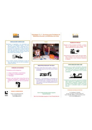 Estrategia 11 + 1 Acciones para Fortalecer la
                                                        Biblioteca Escolar y la Biblioteca de Aula



        VINCULACIÓN CURRICULAR                                                   JUNIO
                                                                                                                                    PADRES DE FAMILIA
Realizamos un seguimiento a las actividades que
   dan vida a la biblioteca escolar y de aula                                                                         Elegimos un libro, lo leemos en familia y realiza-
   haciendo gráficas, tablas y diagramas de: li-                                                                         mos su representación para después contar
   bros prestados en el ciclo escolar, qué grupos                                                                        nuestra experiencia en el salón de clase.
   trabajaron en la biblioteca y cuántas veces, los
   libros más solicitados, los lectores más asiduos
   de la biblioteca, préstamo de libros, número de
   libros leídos, libros perdidos y más.

                                                                                                                      Seleccionamos en familia un libro de nuestra biblio-
                                                                                                                         teca, lo leemos en voz alta en la sala o en un
                                                                                                                         parque cercano a casa y hacemos comentarios
                                                                                                                         al respecto.
Con el colectivo docente actualizamos la lista de
   libros que apoyan cada una de las unidades o
   campos formativos.
                                                                                                                                OTRO ESPACIOS PARA LEER
                                                                  BIBLIOTECA ESCOLAR Y DE AULA
                                                                                                                      Realizamos una la gaceta informativa, informando
           CONOCER LOS ACERVOS                             Revisamos cuántos libros fueron leídos y cuáles no y          las actividades más relevantes realizadas du-
                                                              comentamos acerca de los libros que no fueron              rante todo el ciclo escolar en la biblioteca esco-
Trabajamos con las categorías:                                consultados.                                               lar y de aula, apoyándonos de los recursos
                                                                                                                         recopilados.
 • Juegos, actividades y experimentos
 • Los objetos y su funcionamiento
 • Tecnología

Invitamos a que cada alumno retome libros de las           Dialogamos y retroalimentamos el desempeño de
    categorías actividades y experimentos con el              los responsables de la biblioteca de Aula du-           Presentamos una exposición, mostrando los trabajos
    propósito de realizar una feria de experimen-             rante el ciclo escolar y hacemos sugerencias de            mejor realizados en la biblioteca de la Escuela
    tos.                                                      cómo mejorar los servicios bibliotecarios para el          como: escritos, fotografías, maquetas, posters,
                                                              siguiente ciclo.                                           periódicos murales, dibujos, cuentos y más, para
                                                                                                                         que toda la comunidad escolar los puedan
                                                                                                                         apreciar.


                                                                                                                              PROGRAMA NACIONAL DE LECTURA
          DUDAS O COMENTARIOS
                                                                 11 +1 Puede descargarse desde la siguiente                           Av. Cuauhtémoc # 1230 P.B.
          Acuda a la Coordinación del PNL                                 dirección electrónica                             Col. Sta. Cruz Atoyac. C.P. 03310. México D.F.
             en su entidad o escriba a                                                                                 Tel: (01-55) 3601-4000 exts. 24120, 24123 y 24125
              asesorpnl@sep.gob.mx                       http://www.lectura.dgme.sep.gob.mx/11mas1/Prueba/index.htm                 e-mail: asesorpnl@sep.gob.mx
 
