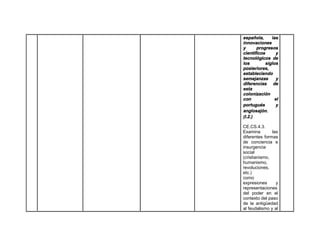 española, las
innovaciones
y progresos
científicos y
tecnológicos de
los siglos
posteriores,
estableciendo
semejanzas y
diferencias de
esta
colonización
con el
portugués y
anglosajón.
(I.2.)
CE.CS.4.3.
Examina las
diferentes formas
de conciencia e
insurgencia
social
(cristianismo,
humanismo,
revoluciones,
etc.)
como
expresiones y
representaciones
del poder en el
contexto del paso
de la antigüedad
al feudalismo y al
 