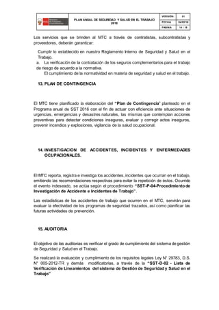 Plan anual de seguridad y salud en el trabajo mtc | DOCX