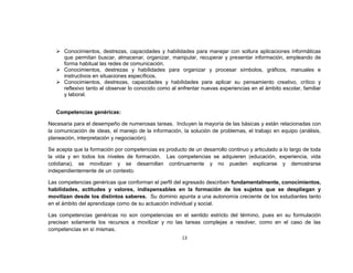  Conocimientos, destrezas, capacidades y habilidades para manejar con soltura aplicaciones informáticas
     que permitan buscar, almacenar, organizar, manipular, recuperar y presentar información, empleando de
     forma habitual las redes de comunicación.
    Conocimientos, destrezas y habilidades para organizar y procesar símbolos, gráficos, manuales e
     instructivos en situaciones específicos.
    Conocimientos, destrezas, capacidades y habilidades para aplicar su pensamiento creativo, crítico y
     reflexivo tanto al observar lo conocido como al enfrentar nuevas experiencias en el ámbito escolar, familiar
     y laboral.


   Competencias genéricas:

Necesaria para el desempeño de numerosas tareas. Incluyen la mayoría de las básicas y están relacionadas con
la comunicación de ideas, el manejo de la información, la solución de problemas, el trabajo en equipo (análisis,
planeación, interpretación y negociación).

Se acepta que la formación por competencias es producto de un desarrollo continuo y articulado a lo largo de toda
la vida y en todos los niveles de formación. Las competencias se adquieren (educación, experiencia, vida
cotidiana), se movilizan y se desarrollan continuamente y no pueden explicarse y demostrarse
independientemente de un contexto.

Las competencias genéricas que conforman el perfil del egresado describen fundamentalmente, conocimientos,
habilidades, actitudes y valores, indispensables en la formación de los sujetos que se despliegan y
movilizan desde los distintos saberes. Su dominio apunta a una autonomía creciente de los estudiantes tanto
en el ámbito del aprendizaje como de su actuación individual y social.

Las competencias genéricas no son competencias en el sentido estricto del término, pues en su formulación
precisan solamente los recursos a movilizar y no las tareas complejas a resolver, como en el caso de las
competencias en sí mismas.
                                                       13
 