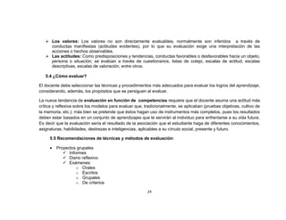  Los valores: Los valores no son directamente evaluables, normalmente son inferidos a través de
     conductas manifiestas (actitudes evidentes), por lo que su evaluación exige una interpretación de las
     acciones o hechos observables.
    Las actitudes: Como predisposiciones y tendencias, conductas favorables o desfavorables hacia un objeto,
     persona o situación; se evalúan a través de cuestionarios, listas de cotejo, escalas de actitud, escalas
     descriptivas, escalas de valoración, entre otros.

   5.4 ¿Cómo evaluar?

El docente debe seleccionar las técnicas y procedimientos más adecuados para evaluar los logros del aprendizaje,
considerando, además, los propósitos que se persiguen al evaluar.

La nueva tendencia de evaluación en función de competencias requiere que el docente asuma una actitud más
crítica y reflexiva sobre los modelos para evaluar que, tradicionalmente, se aplicaban (pruebas objetivas, cultivo de
la memoria, etc.); más bien se pretende que éstos hagan uso de instrumentos más completos, pues los resultados
deben estar basados en un conjunto de aprendizajes que le servirán al individuo para enfrentarse a su vida futura.
Es decir que la evaluación sería el resultado de la asociación que el estudiante haga de diferentes conocimientos,
asignaturas, habilidades, destrezas e inteligencias, aplicables a su círculo social, presente y futuro.

     5.5 Recomendaciones de técnicas y métodos de evaluación:

         Proyectos grupales
             Informes
             Diario reflexivo
             Exámenes:
                  o Orales
                  o Escritos
                  o Grupales
                  o De criterios

                                                         24
 