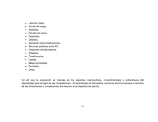 Lista de cotejo,
      Escala de rango,
      Rúbricas,
      Estudio de casos,
      Proyectos,
      Debates,
      Aplicación de procedimientos,
      Técnicas prácticas en la PC,
      Desarrollo de laboratorios,
      Ensayos,
      Cuestionarios,
      Diarios,
      Mapa conceptual,
      Portafolio,
      Otros.



De allí que la evaluación se interesa en los aspectos cognoscitivos, procedimentales y actitudinales del
aprendizaje para el logro de las competencias. El aprendizaje se demuestra cuando el alumno expresa el dominio
de las dimensiones o competencias en relación a los objetivos de estudio.




                                                      31
 