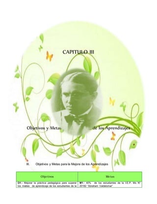 CAPITULO III
Objetivos y Metas para la Mejora de los Aprendizajes
III. Objetivos y Metas para la Mejora de los Aprendizajes
Objetivos Metas
O1.- Mejorar la práctica pedagógica para superar
los niveles de aprendizaje de los estudiantes de la
M1.- 40% de los estudiantes de la I.E.P. Mx N°
20182 “Abraham Valdelomar”
 