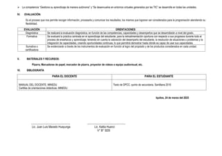  La competencia “Gestiona su aprendizaje de manera autónoma” y “Se desenvuelve en entornos virtuales generados por las TIC” se desarrolla en todas las unidades.
IV. EVALUACIÓN:
Es el proceso que nos permite recoger información, procesarla y comunicar los resultados, los mismos que lograran ser considerados para la programación atendiendo su
flexibilidad.
EVALUACIÓN ORIENTACIONES
Diagnóstica Se realizará la evaluación diagnóstica, en función de las competencias, capacidades y desempeños que se desarrollarán a nivel del grado.
Formativa Se evaluará la práctica centrada en el aprendizaje del estudiante, para la retroalimentación oportuna con respecto a sus progresos durante todo el
proceso de enseñanza y aprendizaje; teniendo en cuenta la valoración del desempeño del estudiante, la resolución de situaciones o problemas y la
integración de capacidades, creando oportunidades continuas, lo que permitirá demostrar hasta dónde es capaz de usar sus capacidades.
Sumativa o
certificadora
Se evidenciarán a través de los instrumentos de evaluación en función al logro del propósito y de los productos considerados en cada unidad.
V. MATERIALES Y RECURSOS:
Pizarra, Marcadores de papel, marcador de pizarra, proyector de videos o equipo audiovisual, etc.
VI. BIBLIOGRAFÍA
PARA EL DOCENTE PARA EL ESTUDIANTE
MANUAL DEL DOCENTE. MINEDU
Cartillas de orientaciones didácticas. MINEDU
Texto de DPCC, quinto de secundaria. Santillana 2016
Iquitos, 24 de marzo del 2025
…………………………………………. …………………………………………
Lic. Juan Luis Macedo Huayunga Lic. Kattia Huanci
V° B° SDS
 