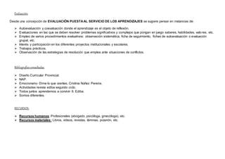 Evaluación:
Desde una concepción de EVALUACIÓN PUESTA AL SERVICIO DE LOS APRENDIZAJES se sugiere pensar en instancias de:
 Autoevaluación y coevaluación donde el aprendizaje es el objeto de reflexión.
 Evaluaciones en las que se deben resolver problemas significativos y complejos que pongan en juego saberes, habilidades, valores, etc.
 Empleo de varios procedimientos evaluativos: observación sistemática, ficha de seguimiento, fichas de autoevaluación o evaluación
grupal, etc.
 Interés y participación en los diferentes proyectos institucionales y escolares.
 Trabajos prácticos.
 Observación de las estrategias de resolución que emplea ante situaciones de conflictos.
Bibliografíasconsultadas:
 Diseño Curricular Provincial.
 NAP.
 Emocionario- Dime lo que sientes. Cristina Núñez Pereira.
 Actividades revista ediba segundo ciclo.
 Todos juntos aprendemos a convivir 6. Ediba.
 Somos diferentes.
RECURSOS:
 Recursos humanos: Profesionales (abogado, psicóloga, ginecóloga), etc.
 Recursos materiales: Libros, videos, revistas, láminas, pizarrón, etc.
 
