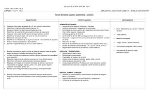 PLANIFICACIÓN ANUAL 2024
ÁREA: MATEMÁTICA
GRADO:1° J.C Y 1°J.S DOCENTES: AGUSTINA GABETTI - JÉSICA SAN MARTÍN
Tercer Bimestre (agosto- septiembre - octubre)
OBJETIVOS CONTENIDOS RECURSOS
 Comparar colecciones, agrupando de a 10, por conteo y sobreconteo.
 Identificar y reproducir los números hasta el 99.
 Reconocer números de distintas cantidades de cifras.
 Identificar las características de nuestro sistema de numeración.
 Comparar colecciones identificando la de mayor y menor cardinal.
 Identificar el número mayor y el menor de una serie numérica.
 Establecer relaciones de orden.
 Identificar la ordinalidad de un objeto en relación a los restantes de una serie.
 Producir escalas ascendentes y descendentes.
 Descubrir regularidades de la serie y la tabla numérica.
 Resolver mentalmente sumas y restas de números redondos, suma de ¡guales,
sumas de números redondos más números de un dígito.
 Utilizar distintas estrategias para resolver cálculos, aplicando las propiedades
de la operación.
 Relacionar repertorios de cálculos conocidos con otros cálculos nuevos.
 Identificar información presentada para resolver problemas.
 Desplegar estrategias para resolver problemas de adición y sustracción
relacionados con agregar, avanzar, juntar, unir, ganar, quitar, separar,
comparar, retroceder, perder, etc.
 Plantear situaciones problemáticas para sumas y restas presentadas.
 Resolver situaciones cotidianas que requieran efectuar mediciones de
longitudes usando distintos elementos como unidad de medida (convencionales
o no).
NÚMEROS NATURALES:
 Uso social de los números. Contextos y funciones.
 Conteo y sobreconteo. Comparación de colecciones.
 Estrategias de conteo a partir de la organización de colecciones: formar
filas, tachar, separar. Comparación.
 Conteo y agrupación de 10 en 10.
 Serie numérica del 0 al 100. Lectura y escritura de los números.
 Producción y comparación de escrituras numéricas de diferente cantidad
de cifras.
 Relaciones de orden.
 Posición de los elementos de una serie (primero, segundo, último, etc.).
 Escalas ascendentes y descendentes: 1 en 1, 2 en 2, 5 en 5, 10 en 10.
 Regularidades numéricas en portadores: la tabla numérica.
CÁLCULOS Y OPERACIONES:
 Cálculo mental: suma y resta.
 Cálculo exacto y aproximado.
 Propiedades de la suma y de la resta.
 Suma y resta de números redondos, iguales, doble y mitad.
 Sumas de dieces equivalentes a 100.
 Situaciones problemáticas. Problemas con varias soluciones posibles.
Elaboración de situaciones y preguntas a partir de datos y cálculos.
ESPACIO, FORMAS Y MEDIDA:
 Unidades no convencionales y convencionales de medidas de longitud.
Metro y centímetro.
 Longitud de elementos concretos. Medición y comparación.
 Utilización de los elementos de medición.
 Libro: “Matemática para armar 1” (Puerto
de palos
 Tabla numérica.
 Material fotocopiado
 Juegos (cartas / dados / tableros)
 Audiovisuales (imágenes, videos, audios)
 Instrumentos de medición (regla,
centímetro, metro)
 