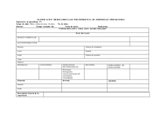 PLANIFICACION MICROCURRICULAR POR EXPERIENCIA DE APRENDIZAJE PREPARATORIA
Experiencia de aprendizaje N°:
Grupo de edad: Niños y niñas de cinco (5) años No. de niños:
Docente: Tiempo estimado: dos Fecha de inicio: finalización:
Descripción General de la
experiencia:
“UNIDAD EDUCATIVA “GRAL. ELOY ALFARO DELGADO”
PLAN DE CLASE
BLOQUE CURRICULAR
DATOSINFORMATIVOS
Docente: Número de estudiantes:
Curso: Paralelo
Fecha: Número de periodos:
Tema:
Objetivo:
DESTREZAS CONTENIDOS ESTRATEGIAS
METODOLÓGICAS
RECURSOS INDICADORES DE
EVALUACIÓN
Motivación
Prerrequisitos
Fase de construcción del
conocimiento
Consolidación
Elaborado Revisado Aprobado
Docente
Fecha
 