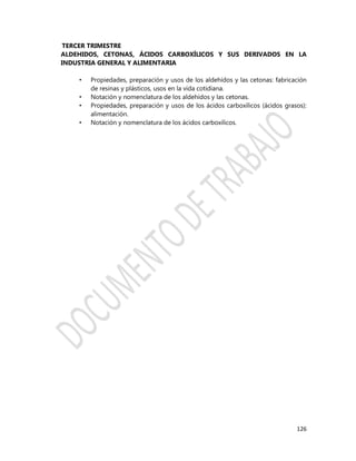 126
TERCER TRIMESTRE
ALDEHIDOS, CETONAS, ÁCIDOS CARBOXÍLICOS Y SUS DERIVADOS EN LA
INDUSTRIA GENERAL Y ALIMENTARIA
• Propiedades, preparación y usos de los aldehídos y las cetonas: fabricación
de resinas y plásticos, usos en la vida cotidiana.
• Notación y nomenclatura de los aldehídos y las cetonas.
• Propiedades, preparación y usos de los ácidos carboxílicos (ácidos grasos):
alimentación.
• Notación y nomenclatura de los ácidos carboxílicos.
 