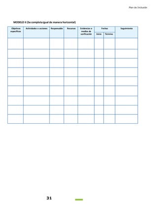 Plan de Inclusión
31
MODELO II (Se completaigual de manera horizontal)
Objetivos
específicos
Actividades o acciones Responsable Recursos Evidencias o
medios de
verificación
Fechas Seguimiento
Inicio Término
 