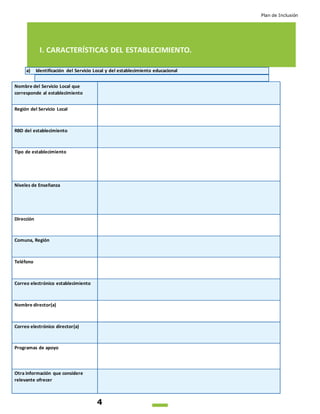 Plan de Inclusión
4
I. CARACTERÍSTICAS DEL ESTABLECIMIENTO.
a) Identificación del Servicio Local y del establecimiento educacional
Nombre del Servicio Local que
corresponde al establecimiento
Región del Servicio Local
RBD del establecimiento
Tipo de establecimiento
Niveles de Enseñanza
Dirección
Comuna, Región
Teléfono
Correo electrónico establecimiento
Nombre director(a)
Correo electrónico director(a)
Programas de apoyo
Otra información que considere
relevante ofrecer
 