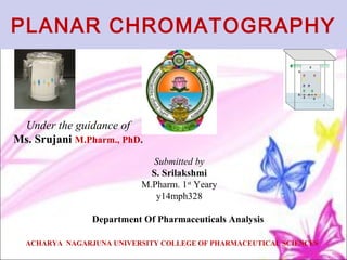 PLANAR CHROMATOGRAPHY
Submitted by
S. Srilakshmi
M.Pharm. 1st
Yeary
y14mph328
Department Of Pharmaceuticals Analysis
Under the guidance of
Ms. Srujani M.Pharm., PhD.
ACHARYA NAGARJUNA UNIVERSITY COLLEGE OF PHARMACEUTICAL SCIENCES
 