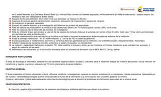 las 3 sedes restantes (Las Camelias, Buenos Aires y La Venada Alta) cuentas con tabletas asignadas, infortunadamente por falta de adecuación y espacio seguro, las
tabletas no han sido trasladadas a dichas sedes.
Equipos de cómputo obsoletos en el sector rural (Las Camelias, La Topacia, El Recreo )
Ausencia de recursos para el mantenimiento, reparación, adquisición de implementos y equipos de cómputo.
Se cuenta con el personal capacitado.
Escasez de material didáctico y de investigación que refuercen su proceso de aprendizaje.
Falta de material de proyección en la mayoría de las sedes(video Beam o en Tv Plasma grande, sonido y DVD entre otros)
Falta de espacios para el desarrollo de procesos de investigación.
Falta de ambiente propio para ampliar la vida útil de los equipos de cómputo (Adecuar la ventanas con vidrios o fibra de vidrio, Cielo raso, Forros y Aire acondicionado
(en las todas las salas de la Institución)
Falta de implementación de la red eléctrica y de datos en las salas o rincones de sistemas en todas las salas de sistemas de la Institución.
Existe la voluntad Institucional en la implementación y uso de las TIC en todas las gestiones.
El presupuesto para el mantenimiento preventivo y correctivo debe ser garantizado por la Institución y los entes Municipales, Departamentales y Nacionales.
Solicitar Instalación de excelente conexión a internet a la sede La Cascada y La Venada Alta.
La creación y capacitación del equipo de gestión TIC, debe cualificar el proceso y ellos a su vez multiplicar al Consejo Académico quién orientará las acciones a
seguir en cada una de las áreas.
Sensibilizar a los educandos y a la comunidad educativa sobre los procesos de formación por el MEN, MinTIC, Sena y demás.
HORIZONTE INSTITUCIONAL
El área de tecnología e informática fomentará en el estudiante aspectos éticos, sociales y culturales para el desarrollo integral de nuestros educandos, con la intención de
transformar y mejorar su entorno, utilizando las TIC como instrumento de apoyo didáctico.
OBJETIVO GENERAL
El área propenderá en formar estudiantes críticos, reflexivos, analíticos, investigadores, capaces de resolver problemas de la cotidianidad, líderes propositivos, interesados por
las nuevas y cambiantes tecnologías que han revolucionado el mundo de la información y la comunicación con una visión global de su entorno
Construir, administrar y utilizar adecuadamente conocimientos tecnológicos para la solución de problemas de información que existen en el entorno social.
OBJETIVOS ESPECÍFICOS
Describir y explicar la funcionalidad de los elementos tecnológicos y artefactos eléctricos que utilizan en tu entorno.
 