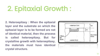 2. Epitaxial Growth :
2. Heteroepitaxy : When the epitaxial
layer and the substrate on which the
epitaxial layer is to be formed are not
of identical material, then the process
is called heteroepitaxy. But for
crystalline growth with heteroepitaxy,
the materials must have identical
crystal structure.
10
 