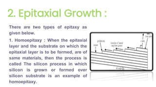 2. Epitaxial Growth :
There are two types of epitaxy as
given below.
1. Homoepitaxy : When the epitaxial
layer and the substrate on which the
epitaxial layer is to be formed, are of
same materials, then the process is
called The silicon process in which
silicon is grown or formed over
silicon substrate is an example of
homoepitaxy.
 