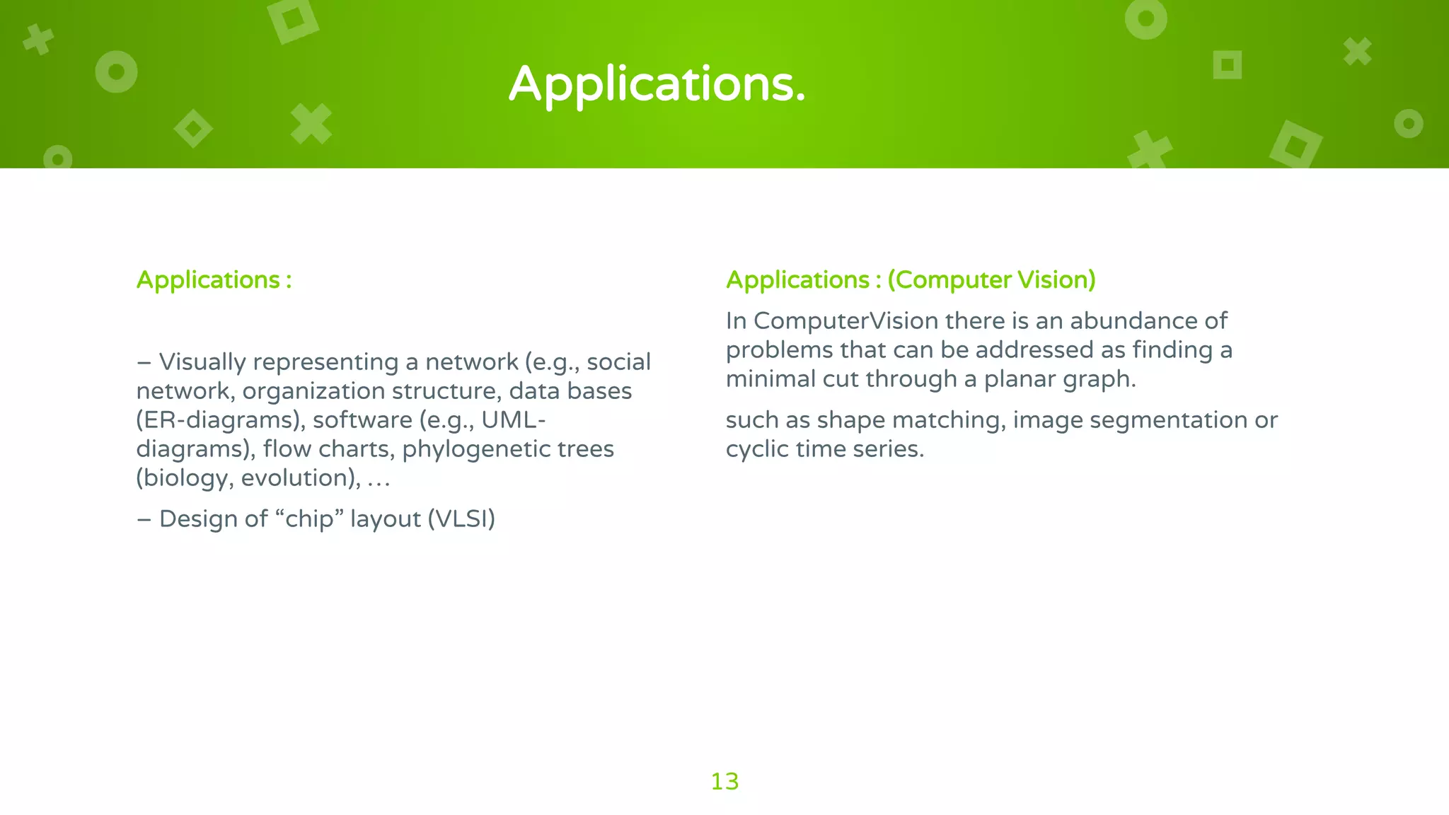 Applications.
Applications :
– Visually representing a network (e.g., social
network, organization structure, data bases
(ER-diagrams), software (e.g., UML-
diagrams), flow charts, phylogenetic trees
(biology, evolution), …
– Design of “chip” layout (VLSI)
Applications : (Computer Vision)
In ComputerVision there is an abundance of
problems that can be addressed as finding a
minimal cut through a planar graph.
such as shape matching, image segmentation or
cyclic time series.
13
 