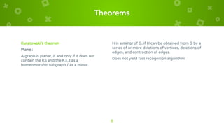 Theorems
Kuratowski’s theorem
Plane :
A graph is planar, if and only if it does not
contain the K5 and the K3,3 as a
homeomorphic subgraph / as a minor.
H is a minor of G, if H can be obtained from G by a
series of or more deletions of vertices, deletions of
edges, and contraction of edges.
Does not yield fast recognition algorithm!
8
 