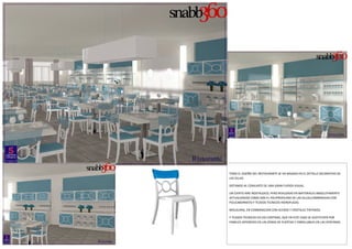 TODO EL DISEÑO DEL RESTAURANTE SE HA BASADO EN EL DETALLE DECORATIVO DE
LAS SILLAS.
DOTANDO AL CONJUNTO DE UNA GRAN FUERZA VISUAL.
UN CIERTO AIRE NOSTALGICO, PERO REALIZADO EN MATERIALES ABSOLUTAMENTE
ACTUALIZADOS COMO SON EL POLIPROPILENO DE LAS SILLAS,COMBINADAS CON
POLICABORNATO Y TEJIDOS TECNICOS HIDROFUGAS.
MOLDURAS, EN COMBINACION CON ACEROS Y CRISTALES TINTADOS.
Y TEJIDOS TECNICOS EN LAS CORTINAS, QUE EN ESTE CASO SE SUSTITUYEN POR
PANELES JAPONESES EN LAS ZONAS DE PUERTAS Y ENROLLABLES EN LAS VENTANAS.

 