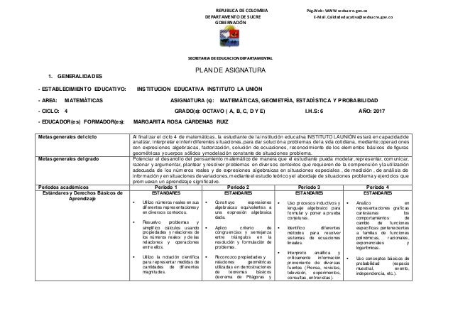 Plan De Asignatura Matematicas 8º