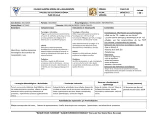 COLEGIO NUESTRA SEÑORA DE LA ANUNCIACIÓN

CÓDIGO:

PGA-FR-03

PROCESO DE GESTIÓN ACADÉMICA
PLAN DE AULA

FECHA:
VERSIÓN:

14/09/2012
3

Año lectivo: 2013-2014
Grado/Nivel: OCTAVO
Estándares

Periodo: SEGUNDO
Área/Asignatura: TECNOLOGÍA E INFORMÁTICA
Docente: WILLIAM ALFREDO CERON CHATES
Competencia(s)
Indicadores de Desempeño
Contenidos
Tecnología e Informática:
Tengo en cuenta normas de mantenimiento y
utilización de artefactos, productos, servicios,
procesos y sistemas tecnológicos de mi
entorno para su uso eficiente y seguro.

Identifico y clasifico elementos
tecnológicos de acuerdo a las
necesidades y uso.

PAGINA
1 DE 1

Laboral:
Selecciono y utilizo herramientas
tecnológicas en la solución de problemas y
elaboro modelos tecnológicos teniendo en
cuenta los componentes como parte de un
sistema funcional.
Ciudadana:
Identifico y respeto las diferencias y
semejanzas entre los demás y yo, y rechazo
situaciones de exclusión o discriminación en
mi familia, con mis amigas y amigos y en mi
salón.

Tecnología e Informática:
Utilizo responsable y autónomamente las
Tecnologías de la Información y la
Comunicación (TIC) para aprender, investigar
y comunicarme con otros en el mundo.

Laboral:
Recolecto y utilizo datos para resolver
problemas tecnológicos sencillos.

Tecnologías de información y la Comunicación.
-¿Qué son las TIC y cuales son sus inicios?
- ¿Cuáles son las ventajas y desventajas de las TIC?
-¿Cuáles son las características de las TIC?
Uso racional y responsable del internet.
Aplicación de elementos tecnológicos (web 2.0)
-Que es Web 2.0
-Historia de la web 2.0
-Plataformas
Algoritmos.

Ciudadana:
Identifico las ocasiones en que mis amigos/as
o yo hemos hecho sentir mal a alguien
excluyéndolo, burlándonos o poniéndole
apodos ofensivos.

Aplicación de elementos tecnológicos

Utilizo eficientemente la tecnología en el
aprendizaje de otras disciplinas (artes,
educación física, matemáticas, ciencias).

-Pasos en los Algoritmos.
-Tipos de Algoritmos.
-Análisis del problema
-Diseño del algoritmo.
-Mandatos e instrucciones
-Origen de las animaciones en plataformas virtuales.
- Manipulación de los principales conceptos de animación
programando acciones.

Estrategias Metodológicas y Actividades

Criterios de Evaluación

Recursos y Ambientes de
Aprendizaje

Tutoría como acción didáctica, Guía Didáctica, técnica
del redescubrimiento consultas, talleres en grupo,
evaluación teórico-práctica y elaboración de
proyectos, experimentos prácticos y pensamiento
crítico.

Evaluación de las actividades desarrolladas, disposición
y trabajo en clase, uso de los recursos, socialización de
tareas y participación en clase. Mapas conceptuales,
evaluar aprendizajes y formación integral.

Guías de trabajo, Internet, Videos y
Software Educativos, Sala de
Informática, audiovisuales, salón de
clases.

Actividades de Superación y/o Profundización:
Mapas conceptuales del tema, Talleres de aprestamiento, Diseño de trabajos con conceptos, Exposiciones y socialización de proyectos.

“EL QUE EDUCA HUMANIZA Y EL QUE HUMANIZA EVANGELIZA” (Sierva de Dios Madre María Berenice)

Tiempo (semanas)
10 Semanas que dura el
periodo escolar 2013-2014

 