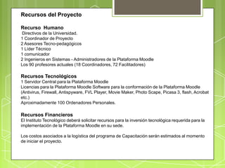 Recursos del Proyecto

Recurso Humano
Directivos de la Universidad.
1 Coordinador de Proyecto
2 Asesores Tecno-pedagógicos
1 Líder Técnico
1 comunicador
2 Ingenieros en Sistemas - Administradores de la Plataforma Moodle
Los 90 profesores actuales (18 Coordinadores, 72 Facilitadores)

Recursos Tecnológicos
1 Servidor Central para la Plataforma Moodle
Licencias para la Plataforma Moodle Software para la conformación de la Plataforma Moodle
(Antivirus, Firewall, Antispyware, FVL Player, Movie Maker, Photo Scape, Picasa 3, flash, Acrobat
etc.)
Aproximadamente 100 Ordenadores Personales.

Recursos Financieros
El Instituto Tecnológico deberá solicitar recursos para la inversión tecnológica requerida para la
implementación de la Plataforma Moodle en su sede.

Los costos asociados a la logística del programa de Capacitación serán estimados al momento
de iniciar el proyecto.
 