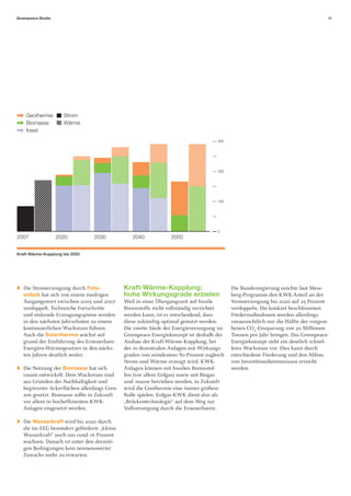 Greenpeace Studie                                                                                                                  11




    Geothermie        Strom
    Biomasse          Wärme
    fossil
                                                                                   300




                                                                                   200




                                                                                   100




                                                                                   0
2007                2020        2030            2040            2050


Kraft-Wärme-Kopplung bis 2050




   Die Stromerzeugung durch Foto-            Kraft-Wärme-Kopplung:                       Die Bundesregierung möchte laut Mese-
   voltaik hat sich von einem niedrigen      hohe Wirkungsgrade erzielen                 berg-Programm den KWK-Anteil an der
   Ausgangswert zwischen 2005 und 2007       Weil in einer Übergangszeit auf fossile     Stromerzeugung bis 2020 auf 25 Prozent
   verdoppelt. Technische Fortschritte       Brennstoffe nicht vollständig verzichtet    verdoppeln. Die konkret beschlossenen
   und sinkende Erzeugungspreise werden      werden kann, ist es entscheidend, dass      Fördermaßnahmen werden allerdings
   in den nächsten Jahrzehnten zu einem      diese zukünftig optimal genutzt werden.     voraussichtlich nur die Hälfte der vorgese-
   kontinuierlichen Wachstum führen.         Die zweite Säule der Energieversorgung im   henen CO2-Einsparung von 20 Millionen
   Auch die Solarthermie wächst auf-         Greenpeace-Energiekonzept ist deshalb der   Tonnen pro Jahr bringen. Das Greenpeace-
   grund der Einführung des Erneuerbare-     Ausbau der Kraft-Wärme-Kopplung, bei        Energiekonzept sieht ein deutlich schnel-
   Energien-Wärmegesetzes in den nächs-      der in dezentralen Anlagen mit Wirkungs-    leres Wachstum vor: Dies kann durch
   ten Jahren deutlich weiter.               graden von mindestens 80 Prozent zugleich   entschiedene Förderung und den Abbau
                                             Strom und Wärme erzeugt wird. KWK-          von Investitionshemmnissen erreicht
   Die Nutzung der Biomasse hat sich         Anlagen können mit fossilen Brennstof-      werden.
   rasant entwickelt. Dem Wachstum sind      fen (vor allem Erdgas) sowie mit Biogas
   aus Gründen der Nachhaltigkeit und        und -masse betrieben werden, in Zukunft
   begrenzter Ackerﬂächen allerdings Gren-   wird die Geothermie eine immer größere
   zen gesetzt. Biomasse sollte in Zukunft   Rolle spielen. Erdgas-KWK dient also als
   vor allem in hochefﬁzienten KWK-          „Brückentechnologie“ auf dem Weg zur
   Anlagen eingesetzt werden.                Vollversorgung durch die Erneuerbaren.

   Die Wasserkraft wird bis 2020 durch
   die im EEG besonders geförderte „kleine
   Wasserkraft“ noch um rund 16 Prozent
   wachsen. Danach ist unter den derzeiti-
   gen Bedingungen kein nennenswerter
   Zuwachs mehr zu erwarten.
 
