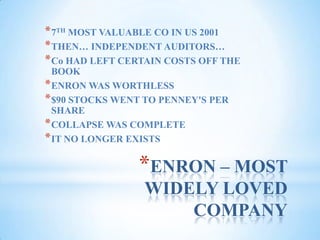 ENRON – MOST WIDELY LOVED COMPANY7TH MOST VALUABLE CO IN US 2001THEN… INDEPENDENT AUDITORS…Co HAD LEFT CERTAIN COSTS OFF THE BOOKENRON WAS WORTHLESS$90 STOCKS WENT TO PENNEY'S PER SHARECOLLAPSE WAS COMPLETEIT NO LONGER EXISTS