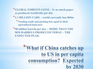 What if China catches up to US in per capita consumption?  Expected by 2030GLOBAL FORESTS GONE - 2x as much paper as produced worldwide per day1.1 BILLION CARS – world currently has 860mNeeding roads and parking lots equal to their agricultural land area98 million barrels per day – MORE THAN THE 90M BARRELS PRODUCED TODAY – THE EXPECTED PEAK.