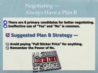 Negotiating —
Always Have a Plan B
There are 8 primary candidates for better negotiating.
Ineffective use of “Yes” and “No...