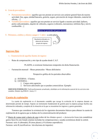 ©Félix Sánchez Paredes, 1 de Enero de 2010.


4- Lista de proveedores:

        Permanentes/acreedores: aquellos que nos prestan un servicio con carácter general fuera de nuestra
        actividad. [luz, agua, entidad bancaria, gestoría, seguro, prevención de riesgos laborales, material de
        oficina,…]
        Variables/proveedores: aquellos que nos prestan un servicio ligado a nuestra actividad. [talleres,
        portes subcontratados, alquiler de vehículos, seguros (vehículos, mercancías), telefonía fija y móvil,
        combustible…]

                                           Obtener los promedios del gasto mensual

5- Préstamos, créditos y efectos a pagar (> 1 año) – a corto plazo.

                                       Resultante enfocado a la
                                        obtención de fuentes
                                         propias de ingreso.




Ingresos fijos

   1.- Enumeración de aquellas fuentes de ingreso:

    -   Rutas de compensación y otro tipo de ayudas desde C.A.F.

                         PLAZOS, si existieran limitaciones temporales de dicha financiación.

    -   Facturación mensual – Meses potenciales / Meses deficitarios

                                     Perspectiva gráfica de los periodos observables

           a) INTERNA – Clientes.
           b) EXTERNA –
                 1. Cargos entre agencias.
                 2. Servicios adicionales que se puedan comercializar. Ejemplo:
   SERVICIO INMEDIATO: Tarifa perfectamente actualizada y detallada con la información esencial de los servicios más
   rentables. Modelo Ag-INM-01- Anexo 1/1



Cuenta de explotación
       La cuenta de explotación es el documento contable que recoge la evolución de la empresa durante un
determinado periodo de tiempo. Supone un instrumento fundamental de gestión para la empresa porque facilita una
información ordenada y completa de la situación en la que se encuentran los ingresos y gastos generados.

       Tenemos que considerar la existencia de los siguientes documentos básicos para obtener la cuenta de
explotación de la agencia que se deduce de la comercialización del producto:

1º Diario de ventas total y diario de caja (cobro de los clientes opens) → facturación bruta (sin contabilizar
gastos fijos) En este listado estarían incluidas las compensaciones y ayudas económicas desde la central.
Facturas: serie A (abonado), D (otras plazas) y O (clientes esporádicos).
Facturas: serie R (rectificativas / devoluciones de importes)




                                                                                                                       8
 