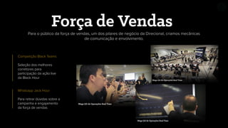 Para o público da força de vendas, um dos pilares de negócio da Direcional, criamos mecânicas
de comunicação e envolvimento.
Força de Vendas
Competição Black Teams
Seleção dos melhores
corretores para
participação da ação live
da Black Hour
Whatsapp Jack Hour
Para retirar dúvidas sobre a
campanha e engajamento
da força de vendas
 