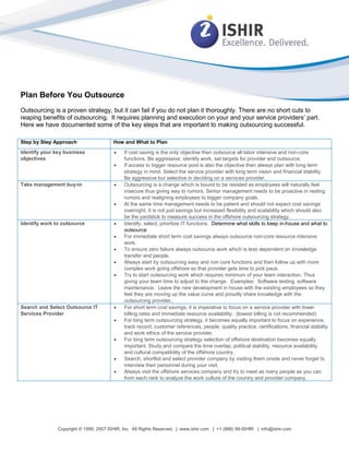 Plan Before You Outsource
Outsourcing is a proven strategy, but it can fail if you do not plan it thoroughly. There are no short cuts to
reaping benefits of outsourcing. It requires planning and execution on your and your service providers’ part.
Here we have documented some of the key steps that are important to making outsourcing successful.

Step by Step Approach                   How and What to Plan
Identify your key business                  If cost saving is the only objective then outsource all labor intensive and non-core
objectives                                   functions. Be aggressive, identify work, set targets for provider and outsource.
                                            If access to bigger resource pool is also the objective then always plan with long term
                                             strategy in mind. Select the service provider with long term vision and financial stability.
                                             Be aggressive but selective in deciding on a services provider.
Take management buy-in                      Outsourcing is a change which is bound to be resisted as employees will naturally feel
                                             insecure thus giving way to rumors. Senior management needs to be proactive in resting
                                             rumors and realigning employees to bigger company goals.
                                            At the same time management needs to be patient and should not expect cost savings
                                             overnight. It is not just savings but increased flexibility and scalability which should also
                                             be the yardstick to measure success in the offshore outsourcing strategy.
Identify work to outsource                  Identify, select, prioritize IT functions. Determine what skills to keep in-house and what to
                                             outsource
                                            For immediate short term cost savings always outsource non-core resource intensive
                                             work.
                                            To ensure zero failure always outsource work which is less dependent on knowledge
                                             transfer and people.
                                            Always start by outsourcing easy and non core functions and then follow up with more
                                             complex work going offshore so that provider gets time to pick pace.
                                            Try to start outsourcing work which requires minimum of your team interaction. Thus
                                             giving your team time to adjust to the change. Examples: Software testing, software
                                             maintenance. Leave the new development in house with the existing employees so they
                                             feel they are moving up the value curve and proudly share knowledge with the
                                             outsourcing provider..
Search and Select Outsource IT              For short term cost savings, it is imperative to focus on a service provider with lower
Services Provider                            billing rates and immediate resource availability. (lowest billing is not recommended)
                                            For long term outsourcing strategy, it becomes equally important to focus on experience,
                                             track record, customer references, people, quality practice, certifications, financial stability
                                             and work ethics of the service provider.
                                            For long term outsourcing strategy selection of offshore destination becomes equally
                                             important. Study and compare the time overlap, political stability, resource availability,
                                             and cultural compatibility of the offshore country.
                                            Search, shortlist and select provider company by visiting them onsite and never forget to
                                             interview their personnel during your visit.
                                            Always visit the offshore services company and try to meet as many people as you can
                                             from each rank to analyze the work culture of the country and provider company.




               Copyright © 1999, 2007 ISHIR, Inc. All Rights Reserved. | www.ishir.com | +1 (888) 99-ISHIR | info@ishir.com
 
